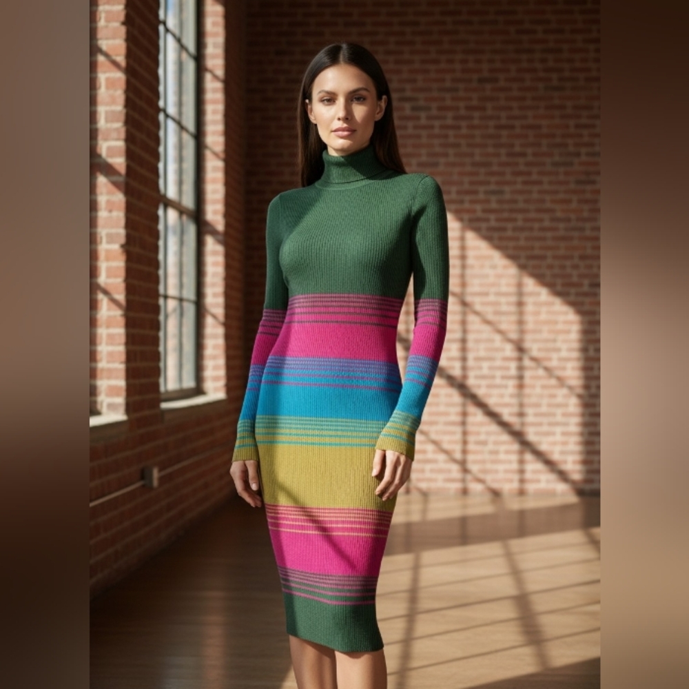 Ribbed Turtleneck Long-Sleeve Midi Dress in Green with Multicolor Stripes